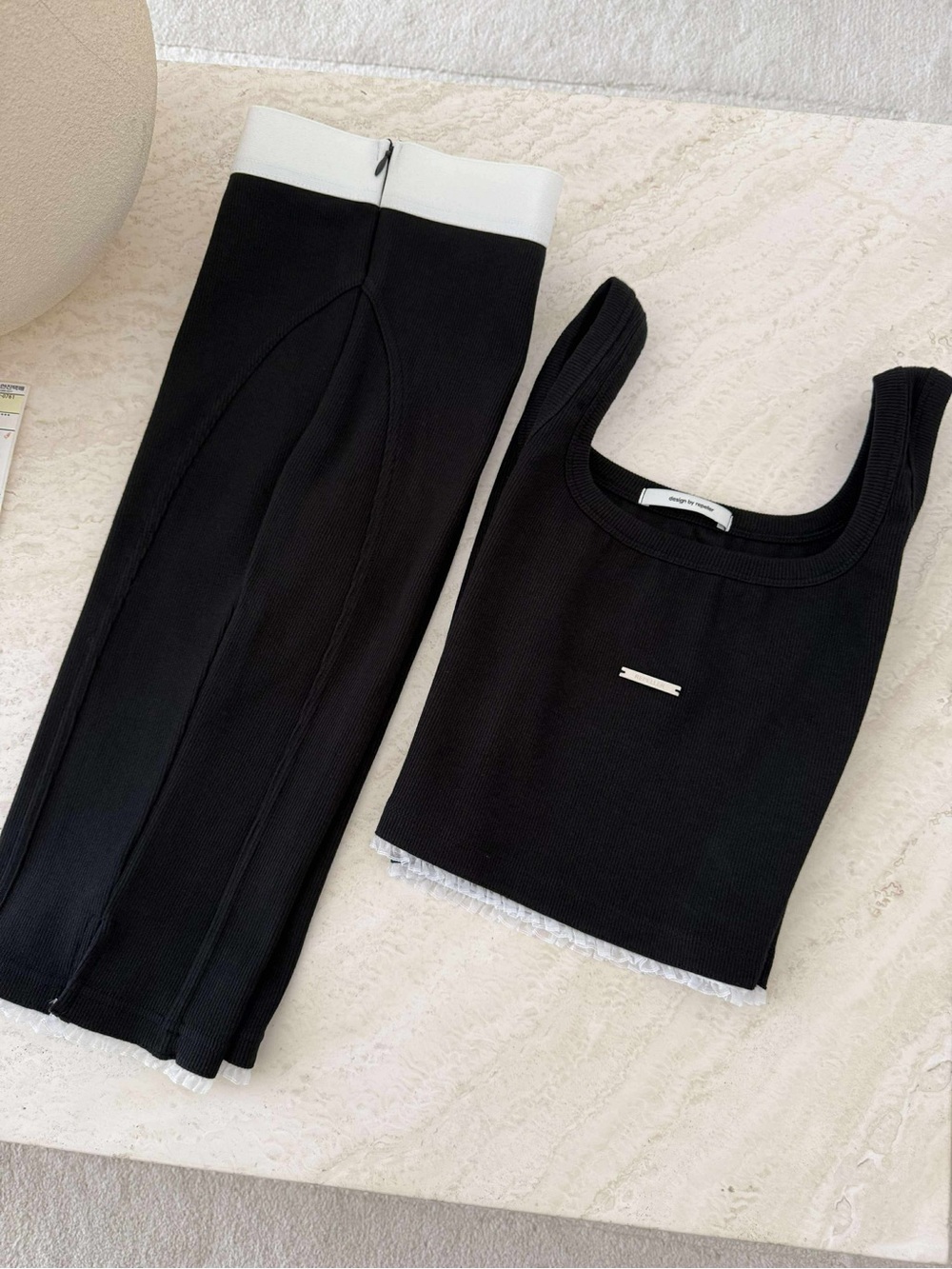 Black Ribbed Tank and Capris Set with White Trim